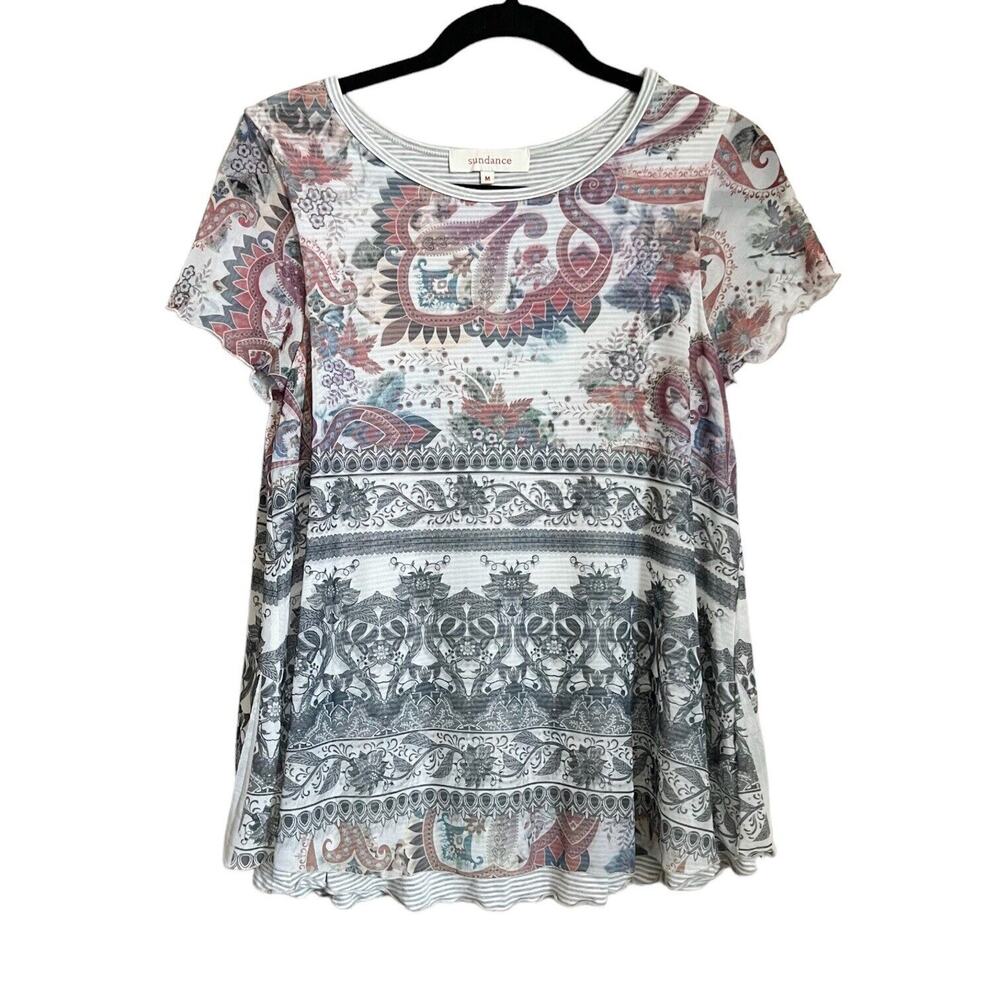 Sundance Creative Type Floral Mesh Overlay Stripe Top Sz M Stretchy Boho